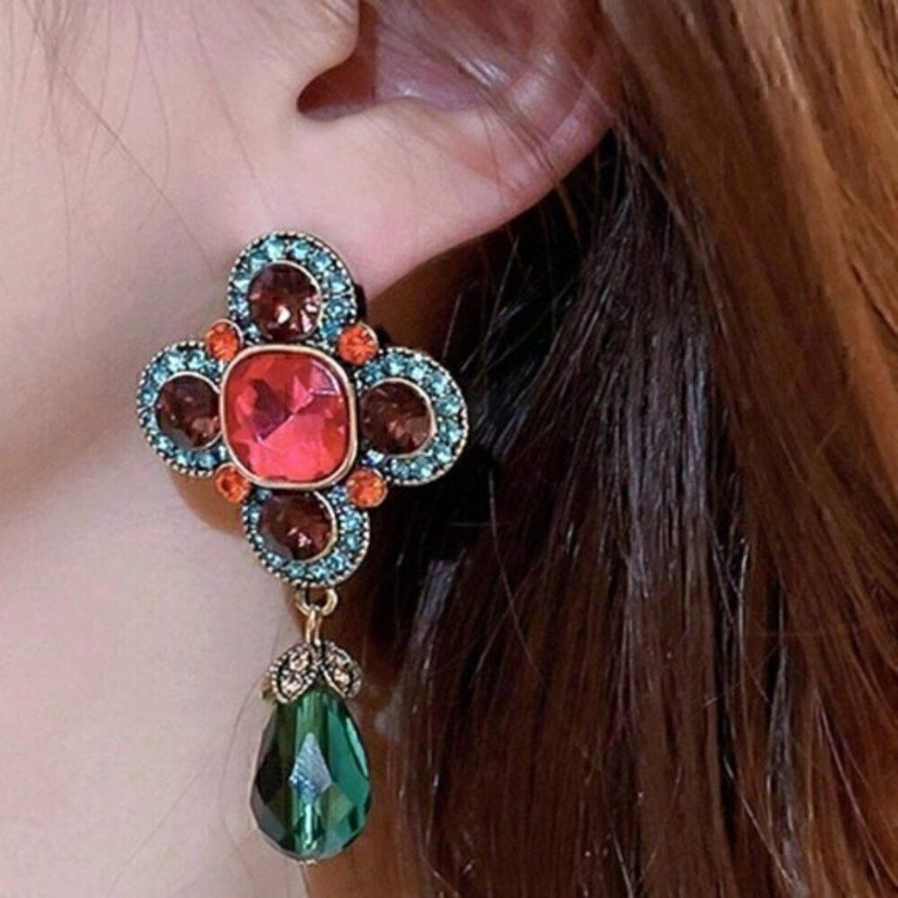 Medieval Modern Gold Plated Rhinestone Colorful Gemstone Earrings